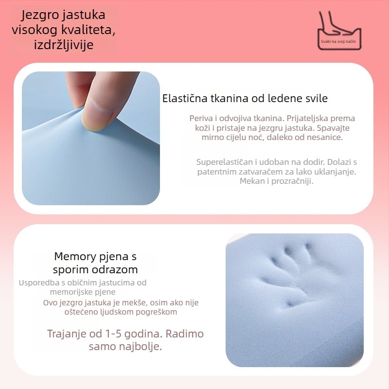 Jastuk za duboki san s memorijskom pjenom i podrškom za vratnu kralježnicu, pravokutni oblik, visina 5–10 cm, navlaka Ice Silk, za jednu osobu