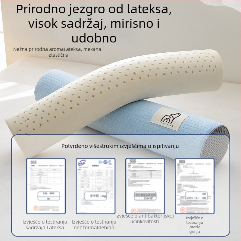 Cilindrična jastučnica od prirodnog lateksa za potporu vratnoj kralježnici s zakrivljenjem; navlaka od pamuka; sadržaj lateksa 90%+; težina 0,5–1,0 kg