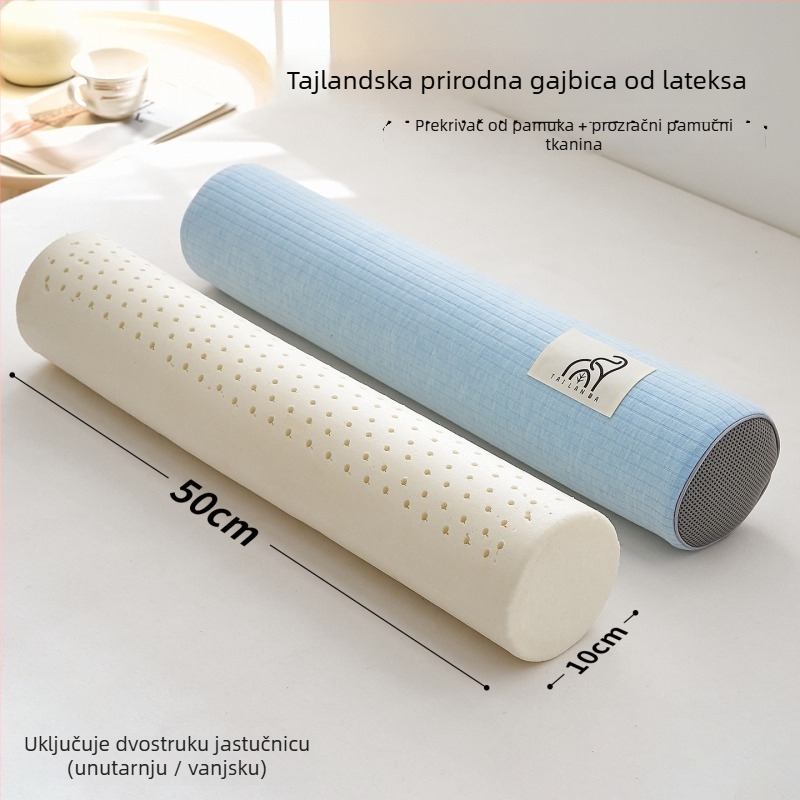 Cilindrična jastučnica od prirodnog lateksa za potporu vratnoj kralježnici s zakrivljenjem; navlaka od pamuka; sadržaj lateksa 90%+; težina 0,5–1,0 kg