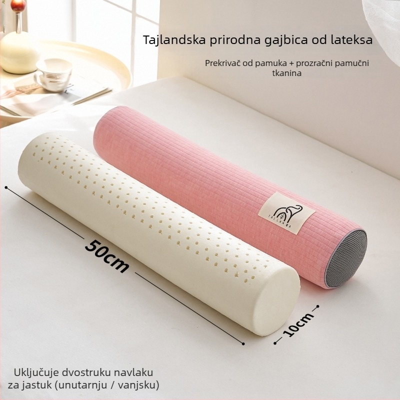 Cilindrična jastučnica od prirodnog lateksa za potporu vratnoj kralježnici s zakrivljenjem; navlaka od pamuka; sadržaj lateksa 90%+; težina 0,5–1,0 kg