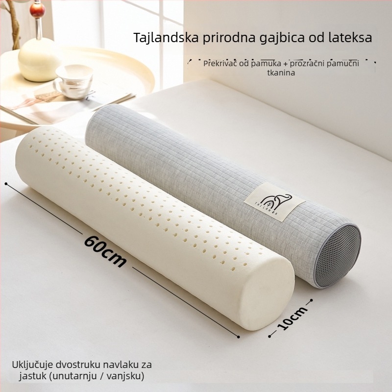 Cilindrična jastučnica od prirodnog lateksa za potporu vratnoj kralježnici s zakrivljenjem; navlaka od pamuka; sadržaj lateksa 90%+; težina 0,5–1,0 kg
