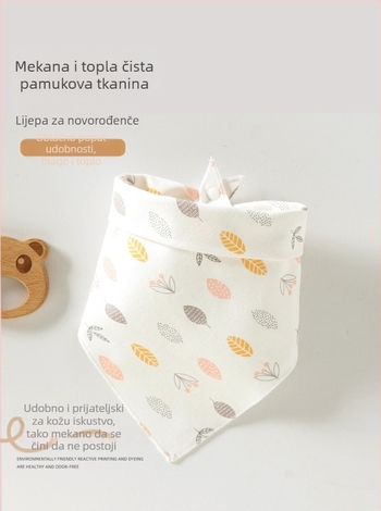 Trokutasti bebinski bib, od čistog pamuka (>95%), vodootporan i otporan na mrlje, pogodan za bebe i djecu 0–3 godine (80–100 cm), s printovima životinja, crtića, slova ili cvijeća