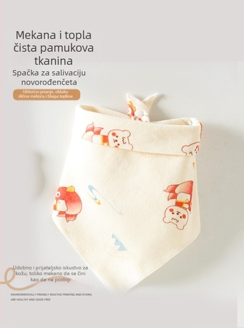 Trokutasti bebinski bib, od čistog pamuka (>95%), vodootporan i otporan na mrlje, pogodan za bebe i djecu 0–3 godine (80–100 cm), s printovima životinja, crtića, slova ili cvijeća