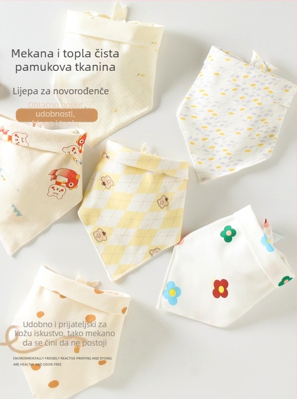 Trokutasti bebinski bib, od čistog pamuka (>95%), vodootporan i otporan na mrlje, pogodan za bebe i djecu 0–3 godine (80–100 cm), s printovima životinja, crtića, slova ili cvijeća