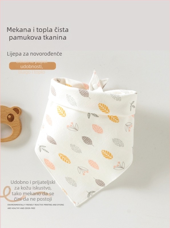 Trokutasti bebinski bib, od čistog pamuka (>95%), vodootporan i otporan na mrlje, pogodan za bebe i djecu 0–3 godine (80–100 cm), s printovima životinja, crtića, slova ili cvijeća