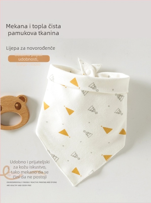 Trokutasti bebinski bib, od čistog pamuka (>95%), vodootporan i otporan na mrlje, pogodan za bebe i djecu 0–3 godine (80–100 cm), s printovima životinja, crtića, slova ili cvijeća