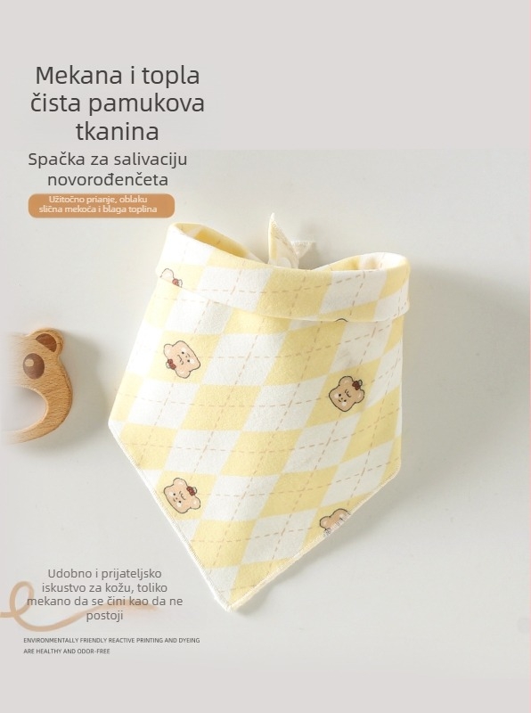 Trokutasti bebinski bib, od čistog pamuka (>95%), vodootporan i otporan na mrlje, pogodan za bebe i djecu 0–3 godine (80–100 cm), s printovima životinja, crtića, slova ili cvijeća