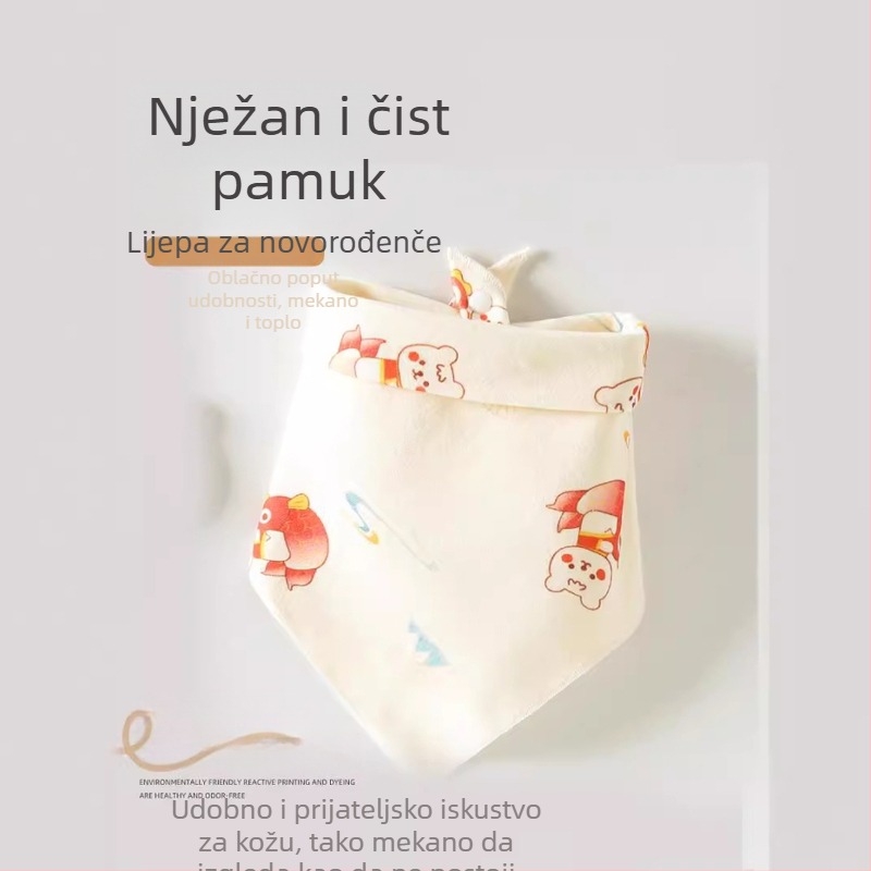 Trokutasti bebinski bib, od čistog pamuka (>95%), vodootporan i otporan na mrlje, pogodan za bebe i djecu 0–3 godine (80–100 cm), s printovima životinja, crtića, slova ili cvijeća