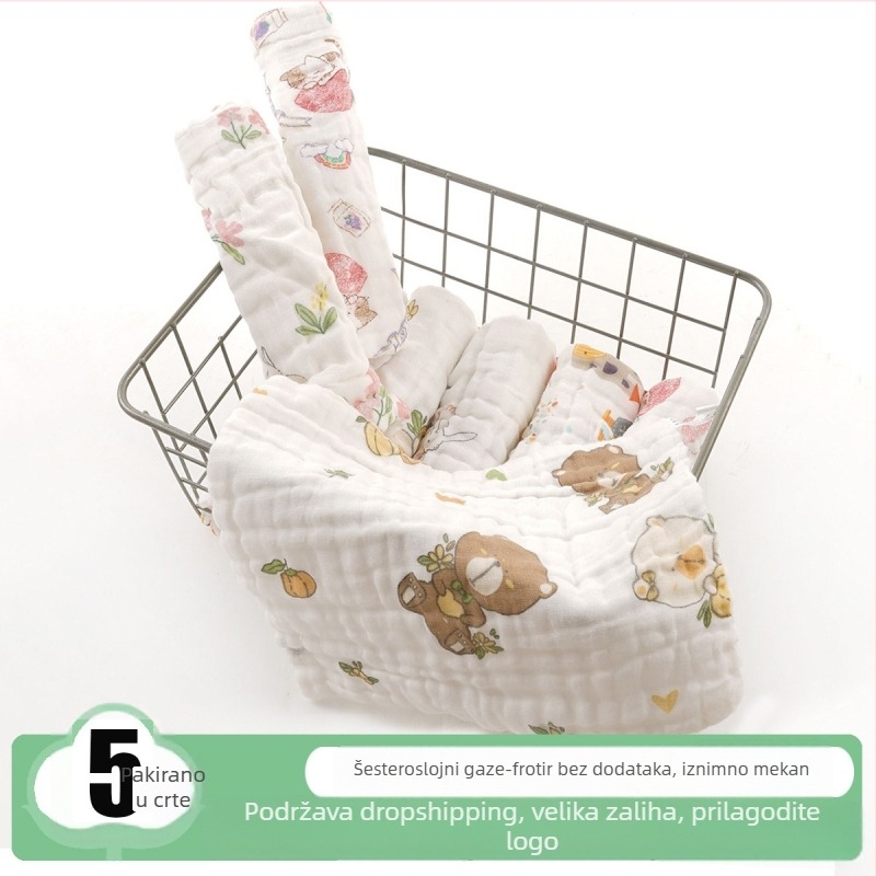 Šesteroslojna gazasta kvadratna krpa, 100% pamuk, za bebe, jednostruko vlakna, upijanje 0–5 s
