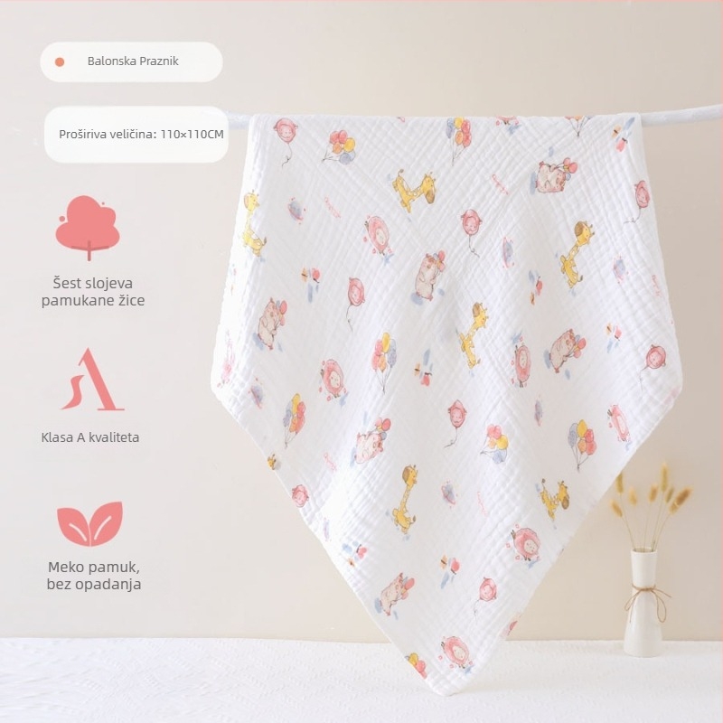 Šesteroslojni pamučni gazasti kupaći ručnik za bebe, upijajući, s ručno crtanim uzorkom, Klasa A