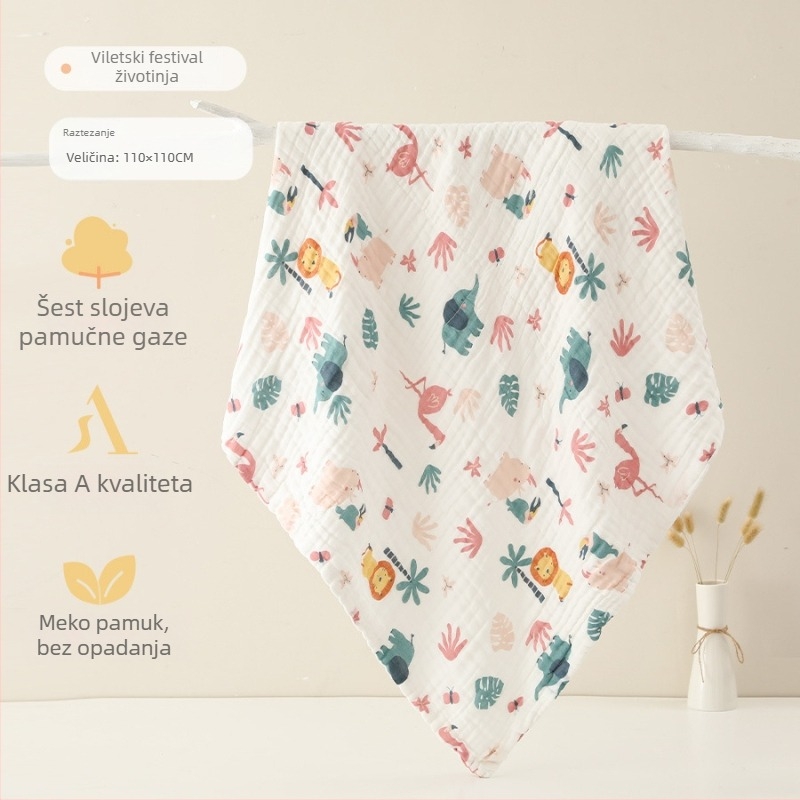 Šesteroslojni pamučni gazasti kupaći ručnik za bebe, upijajući, s ručno crtanim uzorkom, Klasa A