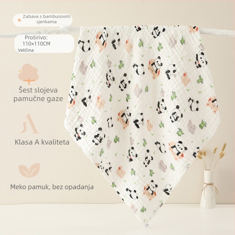 Šesteroslojni pamučni gazasti kupaći ručnik za bebe, upijajući, s ručno crtanim uzorkom, Klasa A