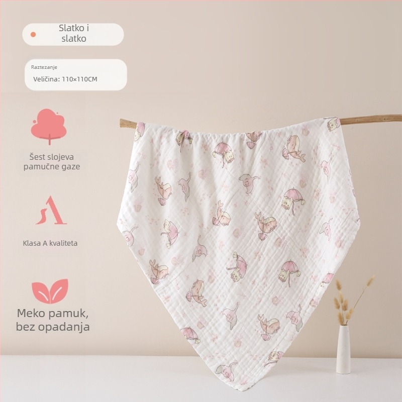 Šesteroslojni pamučni gazasti kupaći ručnik za bebe, upijajući, s ručno crtanim uzorkom, Klasa A