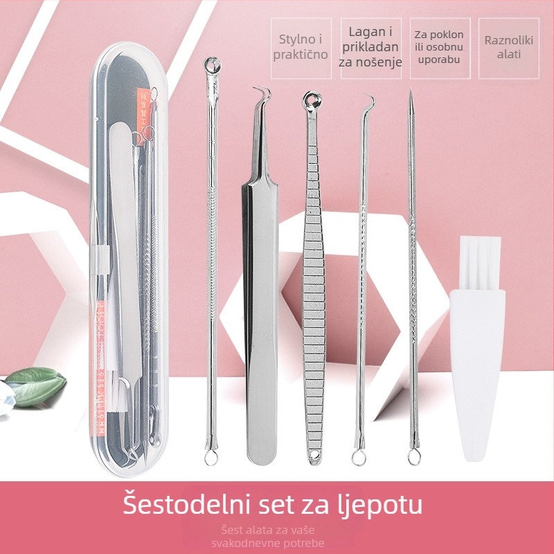 6-dijelni set akne igala, nehrđajući čelik – uključuje iglu za akne, pincetu i klipsu za akne