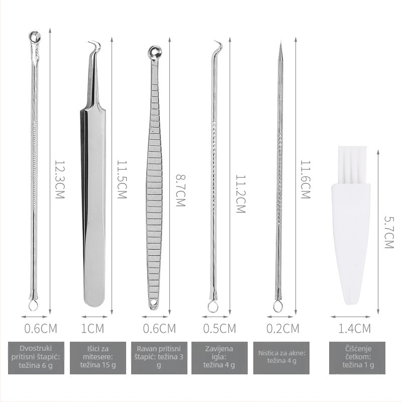 6-dijelni set akne igala, nehrđajući čelik – uključuje iglu za akne, pincetu i klipsu za akne