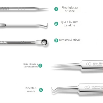 5-darobni set nehrđajućeg čelika igala za akne, nadograđeni precizni ekstraktor za crne mrlje i pore