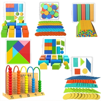 Drveni skup matematičkih didaktičkih pomagala za 1. i 2. razred – Tangram, brojčane štapiće, model sata, kutija za učenje, skup 1–2 (Youcai)