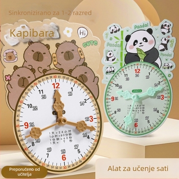 Edukativni model sata za učenje vremena – karton/plastika, za djecu 7–14 godina; pakiranje u mrežastu torbu; potiče intelektualni razvoj, praktično učenje i interaktivnu igru.