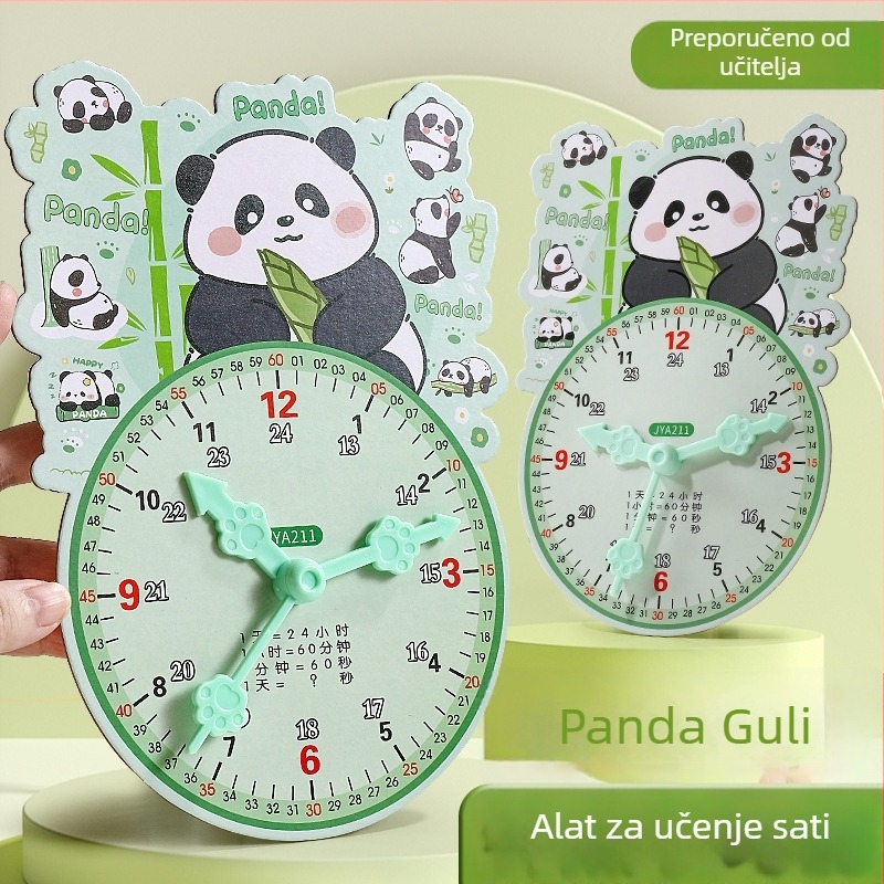 Edukativni model sata za učenje vremena – karton/plastika, za djecu 7–14 godina; pakiranje u mrežastu torbu; potiče intelektualni razvoj, praktično učenje i interaktivnu igru.