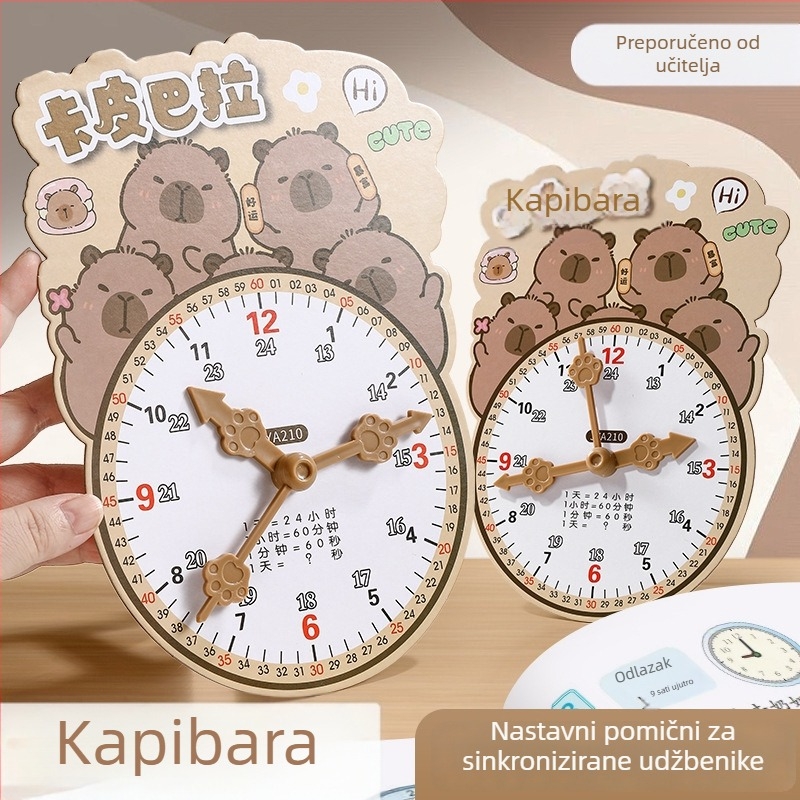 Edukativni model sata za učenje vremena – karton/plastika, za djecu 7–14 godina; pakiranje u mrežastu torbu; potiče intelektualni razvoj, praktično učenje i interaktivnu igru.