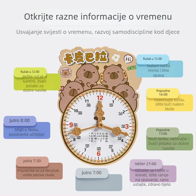 Edukativni model sata za učenje vremena – karton/plastika, za djecu 7–14 godina; pakiranje u mrežastu torbu; potiče intelektualni razvoj, praktično učenje i interaktivnu igru.