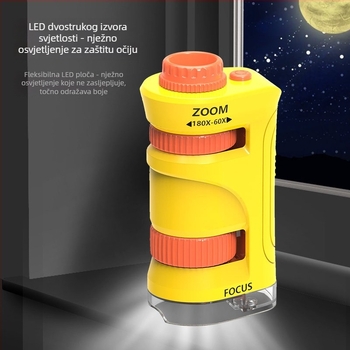 Prijenosni ručni mikroskop i lupa – skup za biološke i kemijske eksperimente, plastična konstrukcija, ne električni, višestruka funkcionalnost, za uzrast 7–14 godina