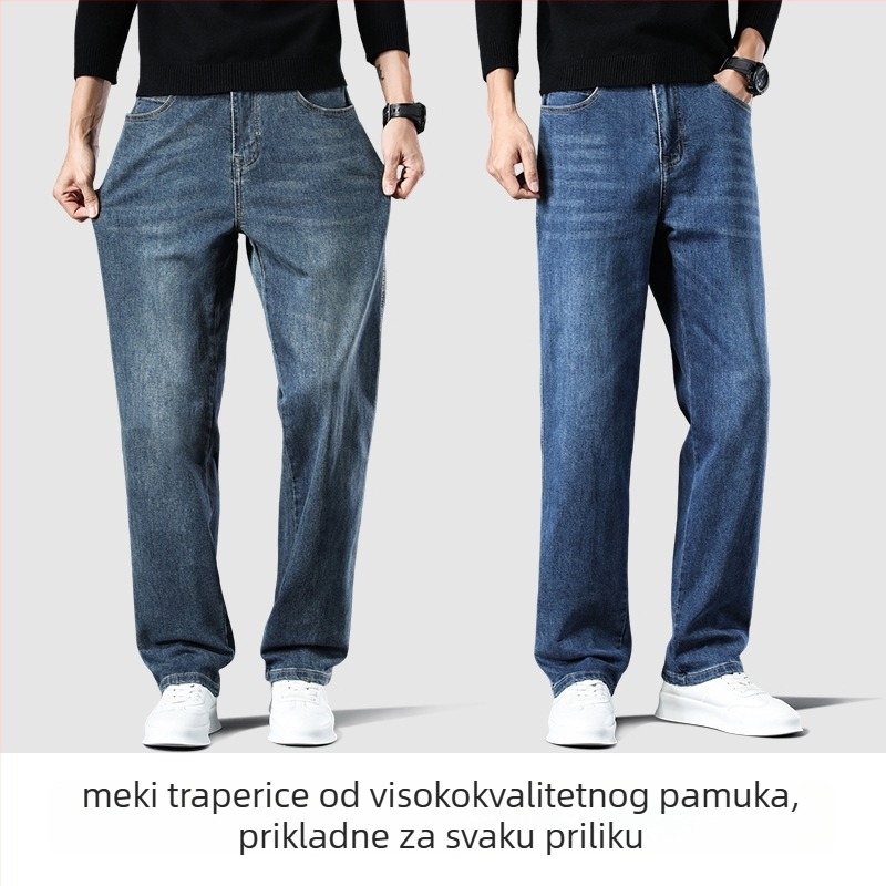 Pamuk denim traperice, slobodan ravni kroj, srednji pojas, zatvarač na zip, više džepova, za jesen