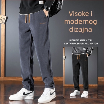Muške casual sportske hlače, japanski retro stil, ravni kroj, srednji pojas, vezanje za zatvaranje, flis podstava, poliester