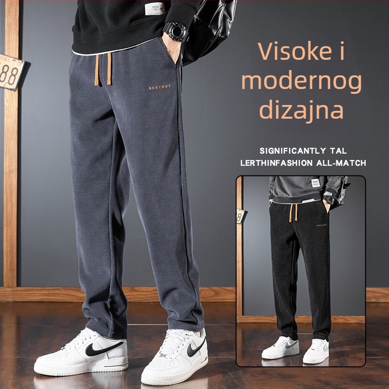 Muške casual sportske hlače, japanski retro stil, ravni kroj, srednji pojas, vezanje za zatvaranje, flis podstava, poliester