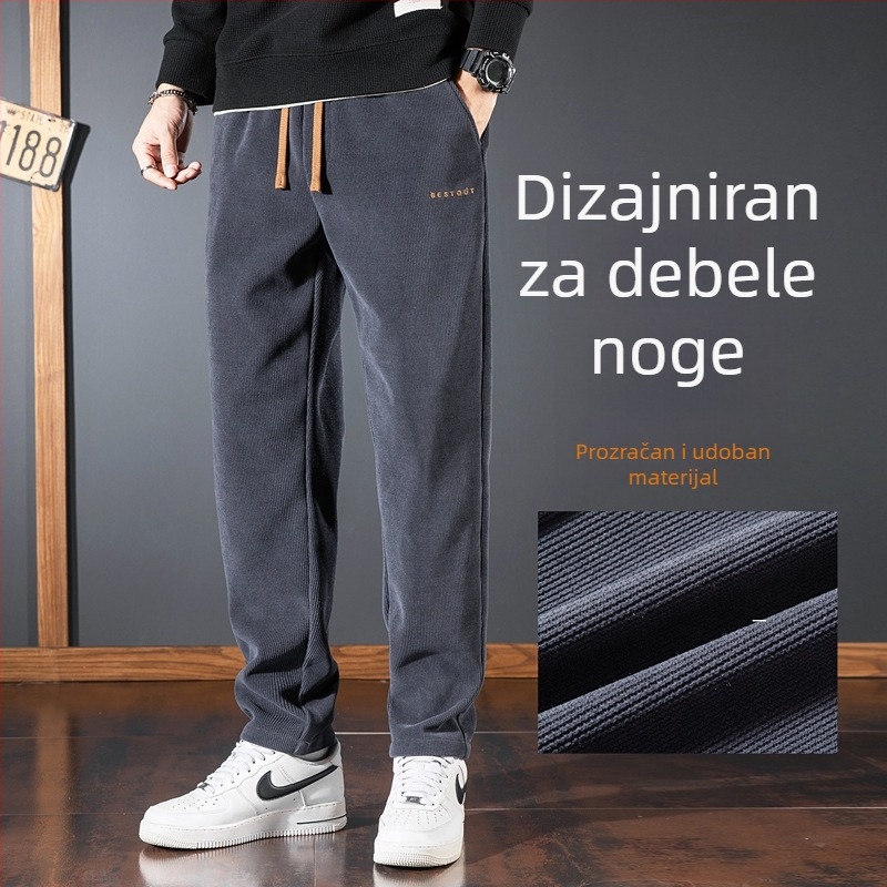 Muške casual sportske hlače, japanski retro stil, ravni kroj, srednji pojas, vezanje za zatvaranje, flis podstava, poliester