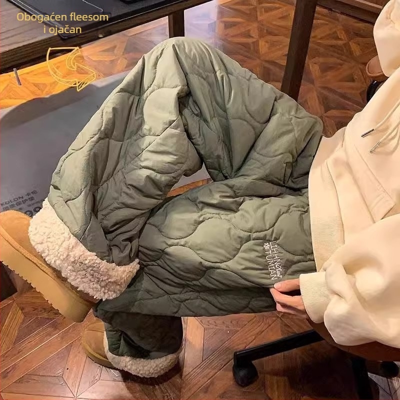 Casual hlače s fleec podstavom, vjetru otporne, prošivane za toplinu, labav kroj, srednji pojas, poliester materijal