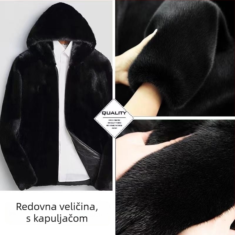 Muški kaput od mink krzna sa kapuljom, srednja duljina, opuštenog kroja, zatvarač, prirodna krzna