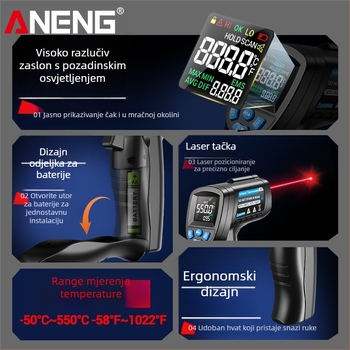 ANENG infracrveni termometar za industrijsku upotrebu — odziv 0,5 s, AA baterija