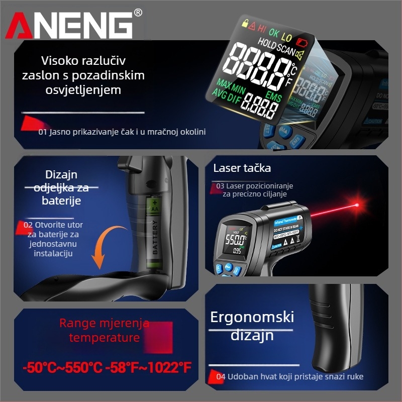 ANENG infracrveni termometar za industrijsku upotrebu — odziv 0,5 s, AA baterija