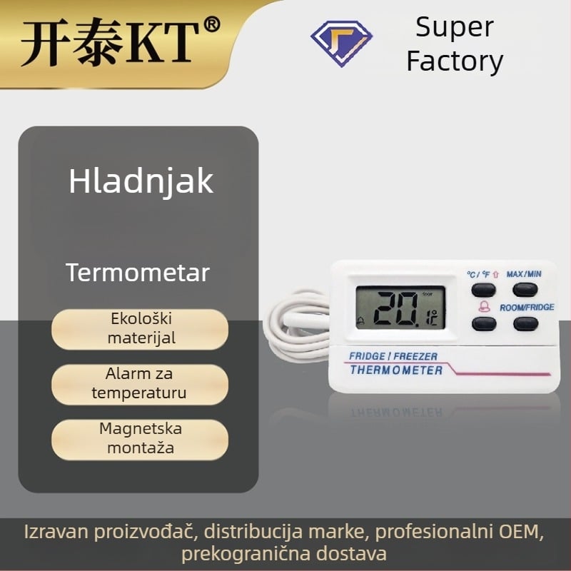 Termometar za hladnjak s dvostrukim alarmom temperature (unutarnja i vanjska), rezolucija 0,1°C, točnost 1,0, AAA baterija zamjenjiva