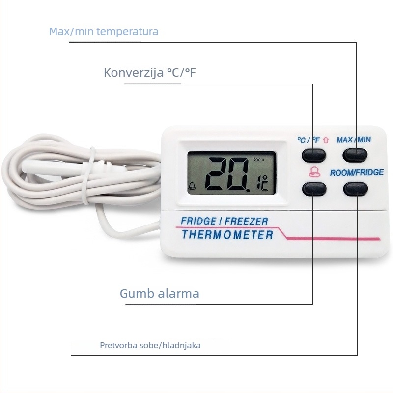 Termometar za hladnjak s dvostrukim alarmom temperature (unutarnja i vanjska), rezolucija 0,1°C, točnost 1,0, AAA baterija zamjenjiva
