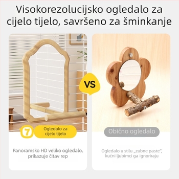 Igračka ogledalo za papagaja s drvenim postoljem (Dizajn protiv bijega, Bez kotača, Za ptice)