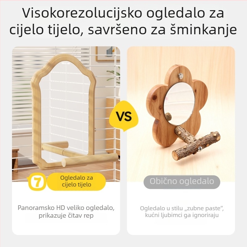Igračka ogledalo za papagaja s drvenim postoljem (Dizajn protiv bijega, Bez kotača, Za ptice)