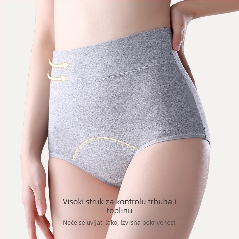 Ženske menstrualne gaćice s visokim strukom, prozrač­ne, antibakterijske, brzo sušeće; glavni materijal 92,6% pamuk, podstava u području prepona 100% pamuk