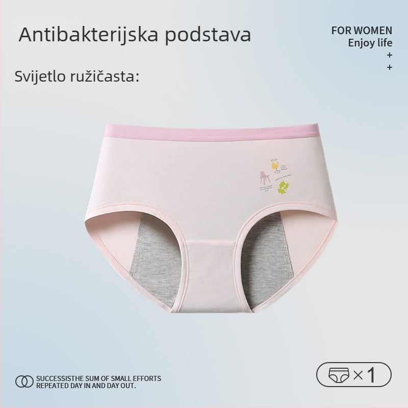 Djevojačke menstrualne gaćice – karikature print, glavna tkanina pamuk 46%, podstava prepona 5% spandeks, srednje visoki struk, za djevojke 13–18 godina