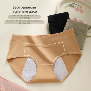 Ženske menstrualne gaćice od pamuka, tri sloja zaštita od curenja, antibakterijski, srednji porast struka; vanjski materijal 95% pamuk, unutarnja podstava 100% pamuk