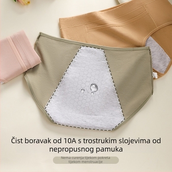 Ženske menstrualne gaćice od pamuka, tri sloja zaštita od curenja, antibakterijski, srednji porast struka; vanjski materijal 95% pamuk, unutarnja podstava 100% pamuk