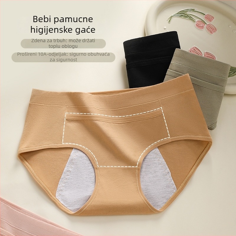 Ženske menstrualne gaćice od pamuka, tri sloja zaštita od curenja, antibakterijski, srednji porast struka; vanjski materijal 95% pamuk, unutarnja podstava 100% pamuk