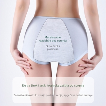 Ženske menstrualne gaćice od modala s zaštitom od propuštanja, srednji pojas, prozračne, upijajuće, koži prijateljske; podstava u području prepona od pamuka 92%, glavni materijal modal (regenerirana celulozna vlakna 90%)