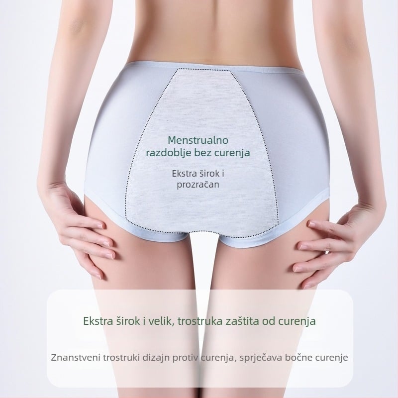 Ženske menstrualne gaćice od modala s zaštitom od propuštanja, srednji pojas, prozračne, upijajuće, koži prijateljske; podstava u području prepona od pamuka 92%, glavni materijal modal (regenerirana celulozna vlakna 90%)