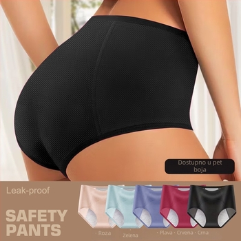 Ženske menstrualne gaćice, pleteni poliester (82%), srednji porast struka, prozračne, otporne na curenje, bezšivne, pamuk podstava.