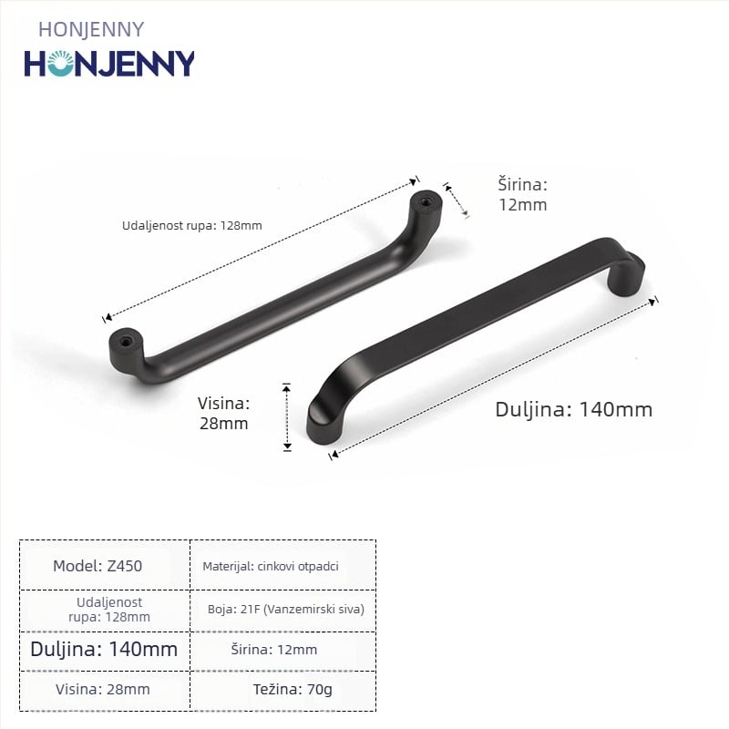 Drška za vrata ormarića, moderni minimalistički stil, lukastog oblika, cinkova legura, površinska ugradnja, za garderobu