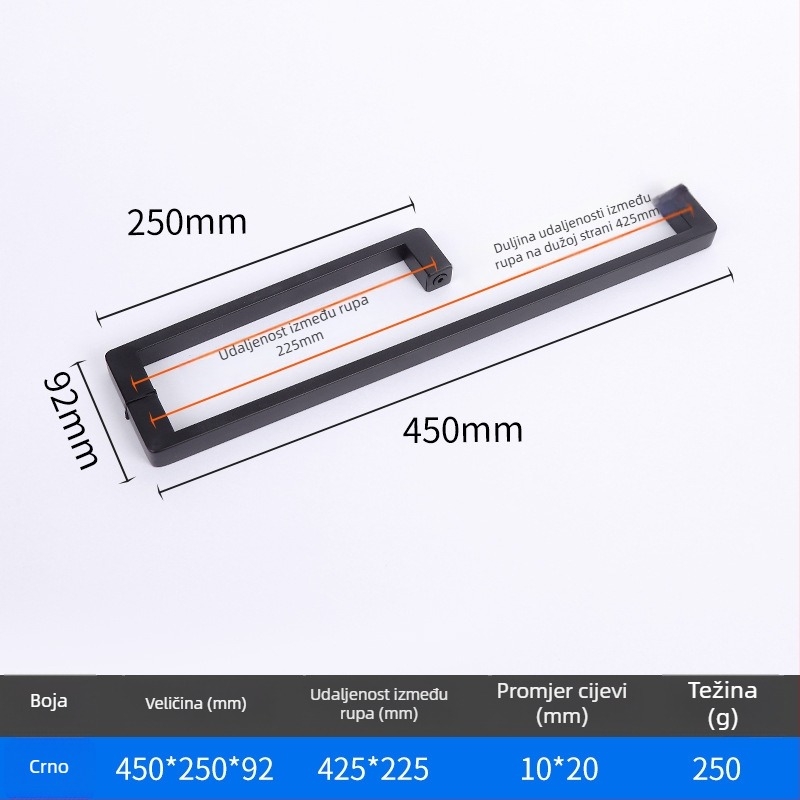 Drška za tuš prostor za staklena vrata, nehrđajući čelik, 1020 minimalistički model, kvadratna cijev, moderni stil