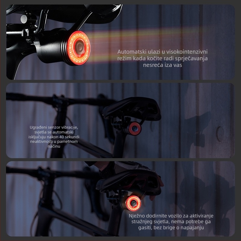 ACRUNU Biciklistička inteligentna zadnja svjetiljka sa senzorom, IP68 vodootporna, aluminijsko kućište, COB LED-ovi, 39 g