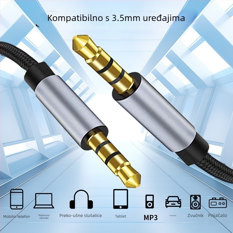 3,5 mm muški–muški auto audio kabel — zlatno obloženi konektori, jezgro od bakra s premazom, aluminijsko kućište, TPU vanjska ovojnica s najlonskom preplitkom, univerzalna kompatibilnost 3,5 mm